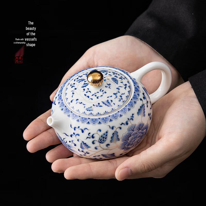 Qixuanyuan Mutton Fat Jade Blue & White Peony Xishi Teapot