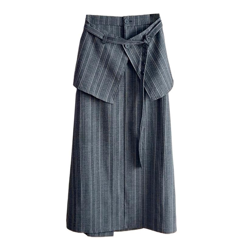 Design sense striped suit skirt women's spring and summer new high waist and thin with fart curtain straight back split medium and long skirt