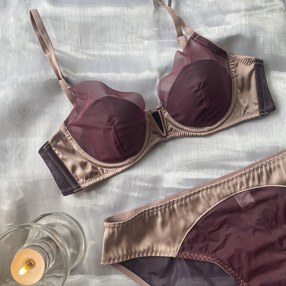 BCD Cup Bra Dámské spodní prádlo Tenké Hluboké V Splicing Mesh Spodní prádlo Měkký ocelový prsten Sexy Gathering Bra Set