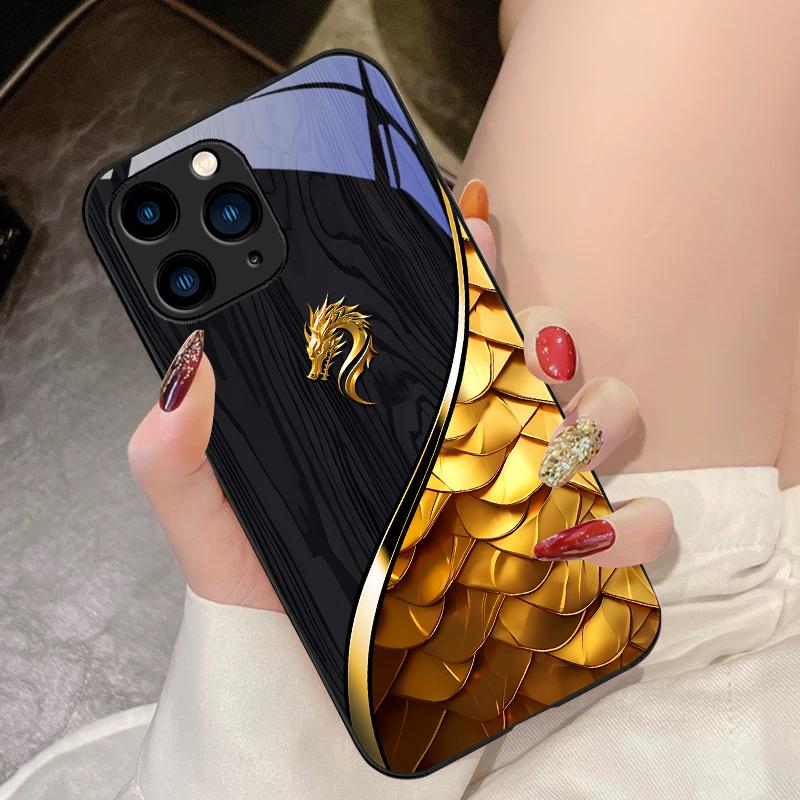 Black Tempered Glass Phone Case for iPhone 15 Pro 14 13 12 Mini 11 XS Max XR 7 8 Plu SE 2020 2022 Wood Grain Dragon Scale Red