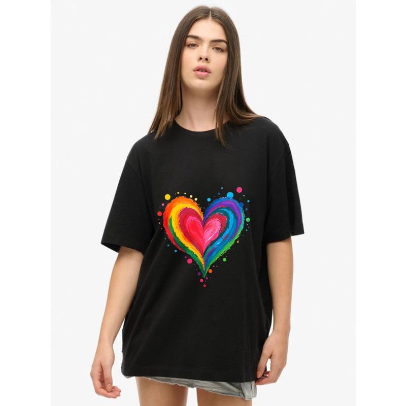 Oversize Women's Short-Sleeve T-Shirt with Rainbow Brushstroke Heart and Colorful Ink Spot Print