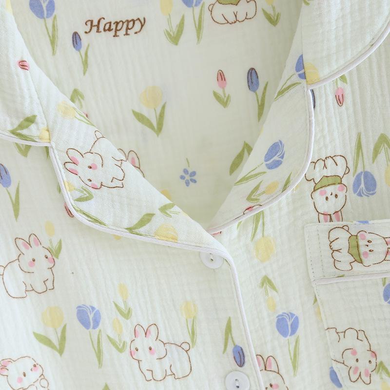 Women's Spring/Summer Pajama Set 100% Cotton Crepe Short Sleeves+Shorts+Pants Three Piece Thin Home Furnishings Pajama