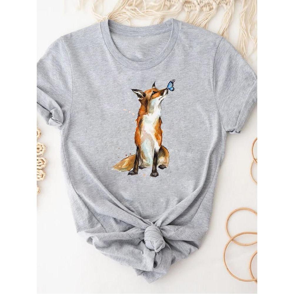 Print T Shirt Short Sleeve Summer Clothes Women Clothing Gray Owl Love Style Trend Cute Basic Tee Top Fashion Graphic T-shirt