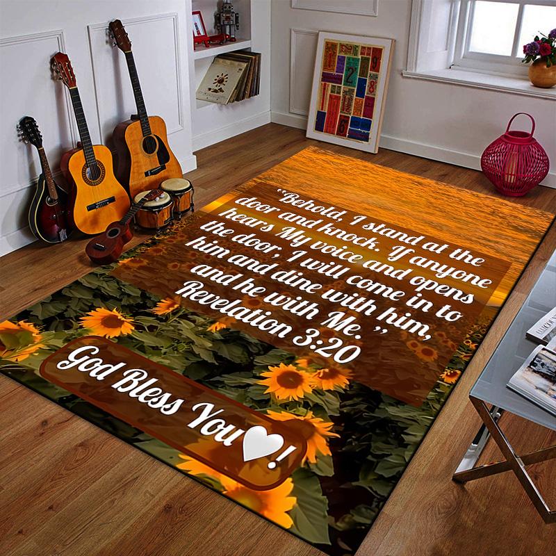 "Sunset Sunflower Field with Bible Quote" Patterned Carpet a Non Slip Rug Suitable for All Seasons and Any Setting, Gift