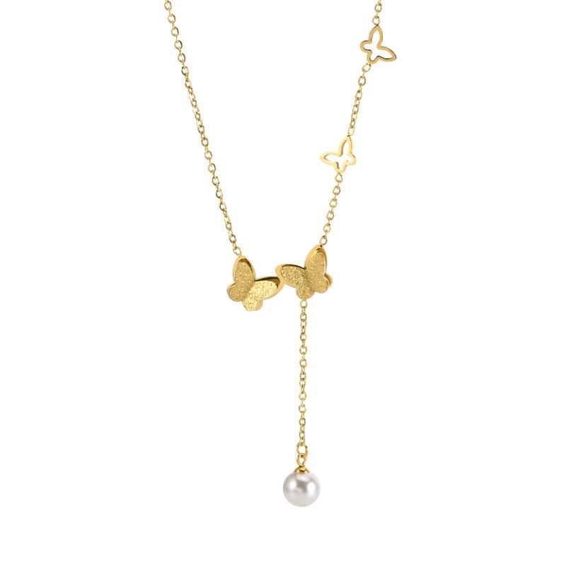 Non-Fading Sweet Fresh Necklace: Titanium Steel Tassel with Diamond-Embellished Multiple Butterflies