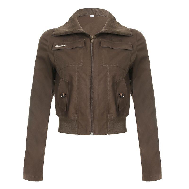 H Home European and American Women's Clothing Maillard Retro Pocket Zipper Workwear Short Jacket Sexy Slim Looking Stand Collar In Brown Jacket