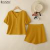 ZANZEA Damen Kurzarm Bluse und Shorts Sommer Casual Zweiteiler