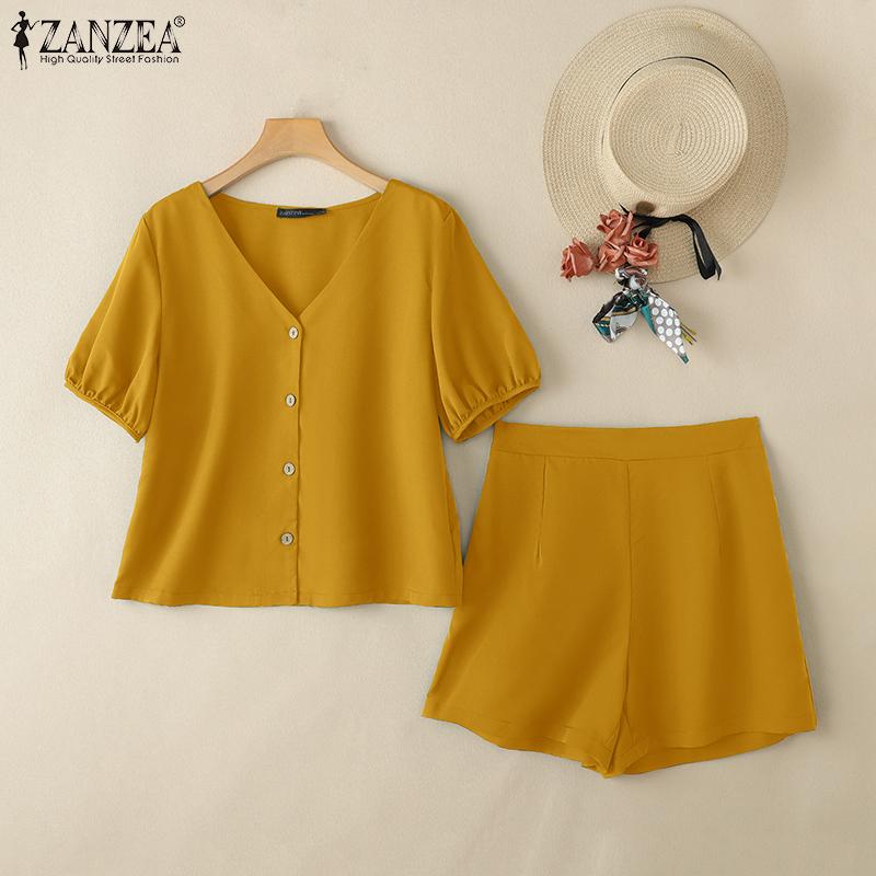 ZANZEA Women Short Sleeve Blouse and Shorts Summer Casual Two Piece Sets