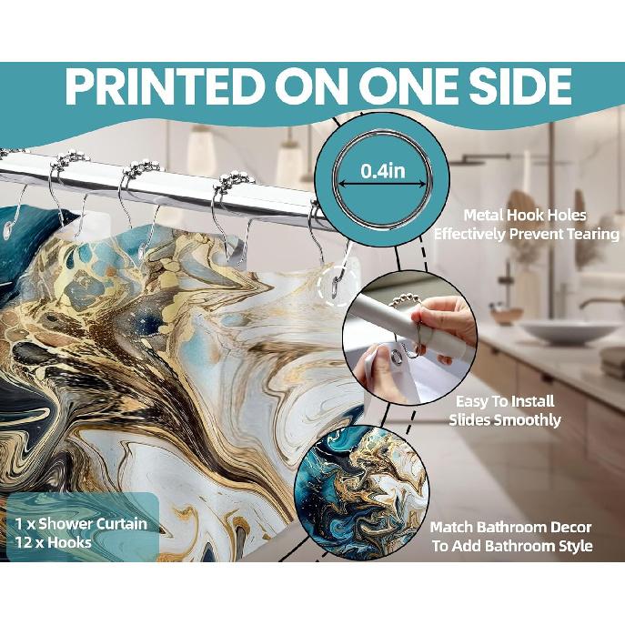 Teal and Gray Marble Shower Curtain Abstract Turquoise Gold Shower Curta for Bathroom Decor, Waterproof Cloth Fabric with Hooks 70 X 72 Inch