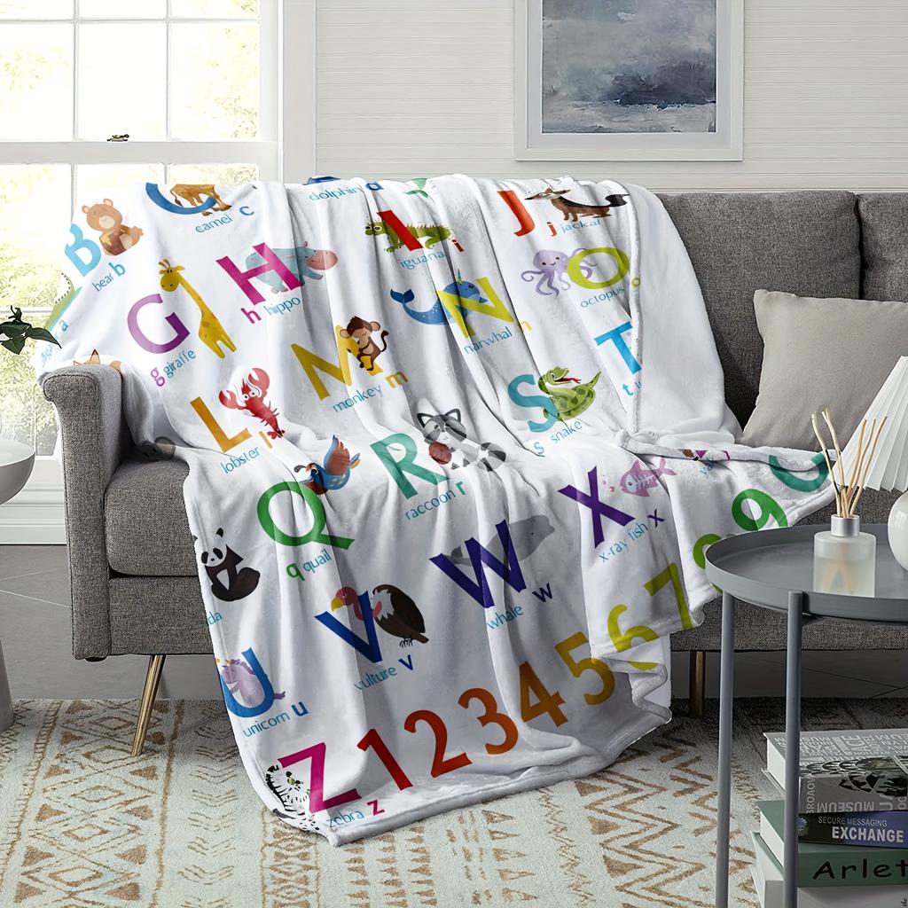 Educational Alphabet A-Z Printed Blanket, Soft Warm All-Seasons for Winter Reading Travel Pet Lovers, Festive Holiday Gift