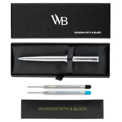 Wordsworth and Black Ballpoint Pen In Silver Lacquer Stunningly Luxurious Chrome Finish with Ink Gift for Men Beautiful Fine Nib - Refills, & Women,
