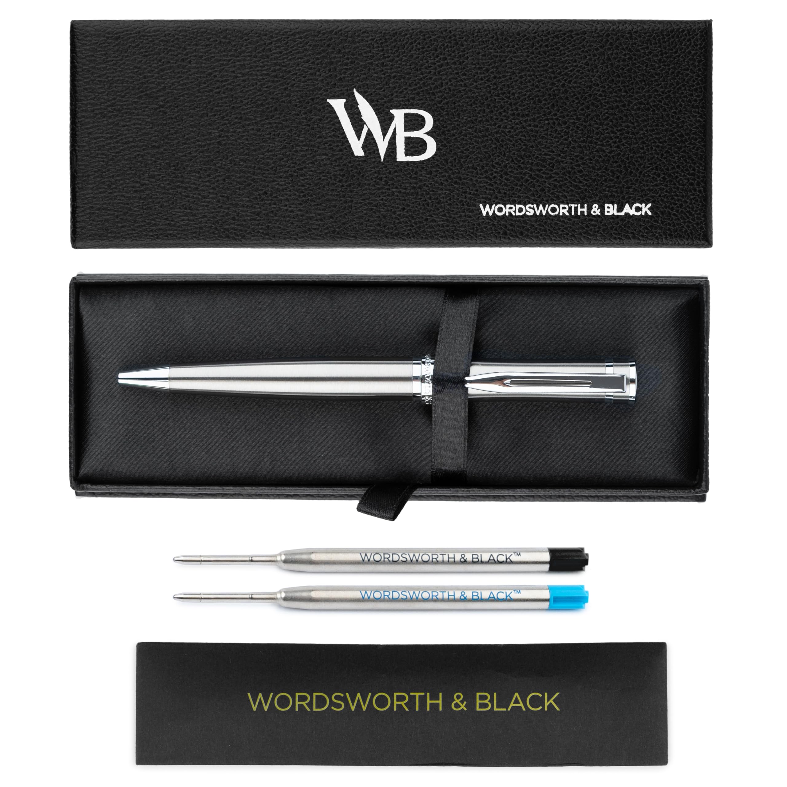 

Wordsworth and Black Ballpoint Pen in Silver Lacquer Stunningly Luxurious Chrome Finish with Ink Gift for Men Beautiful Fine Nib - Refills, & Women,