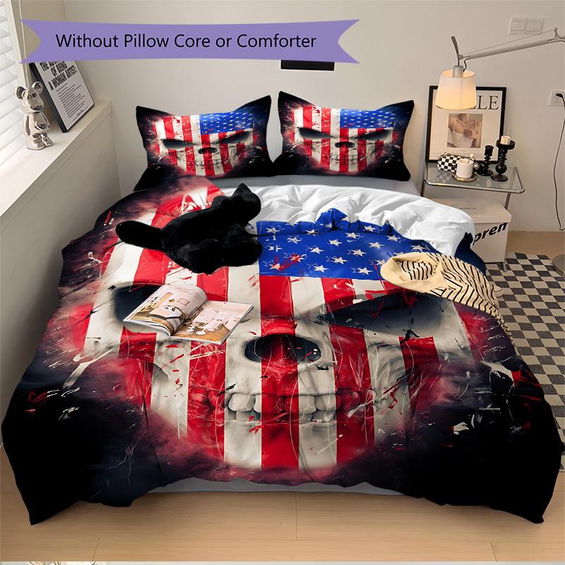3pcs bedding set Patriotic Skull Includes 1 Comforter + 2 Pillowcases, Without Pillow Inserts, Soft Comfortable, Lightweight Breathable, Pri