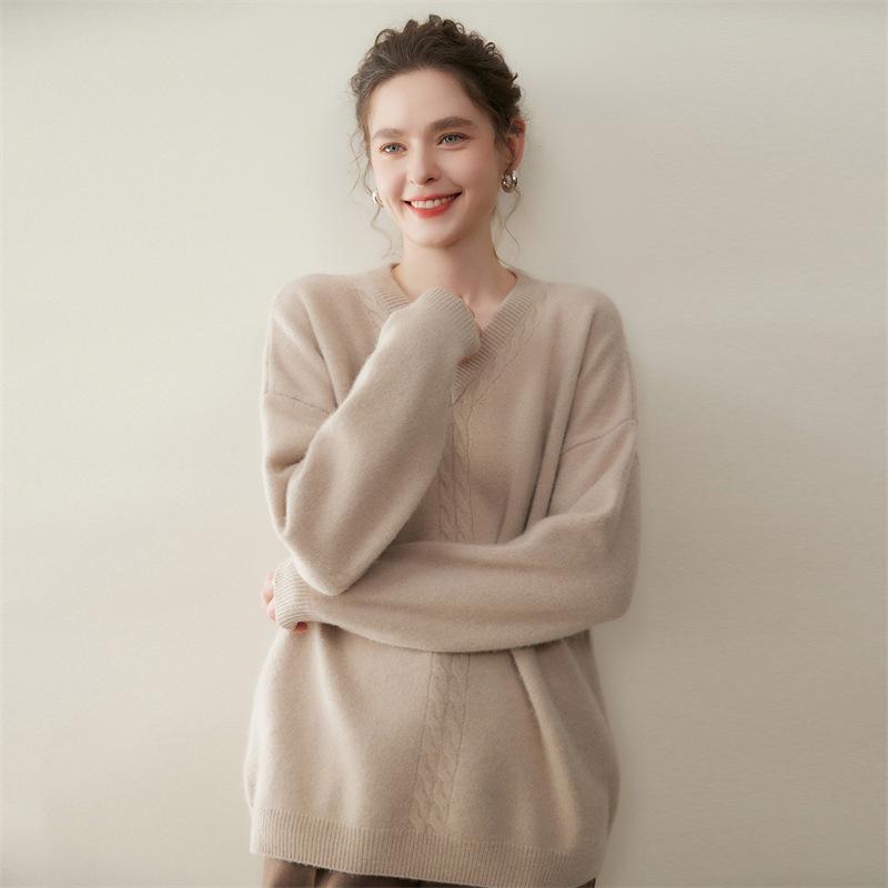 Korean Style Cashmere Women's Knit Sweater: Autumn Winter Solid Color Drop Shoulder Pullover