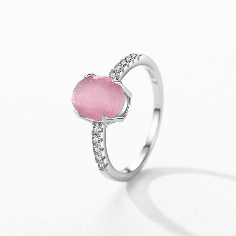 Genuine 925 Sterling Silver Fashion Romantic Oval Pink Opal Finger Ring For Women Girls Charm Party Fine Jewelry Gifts
