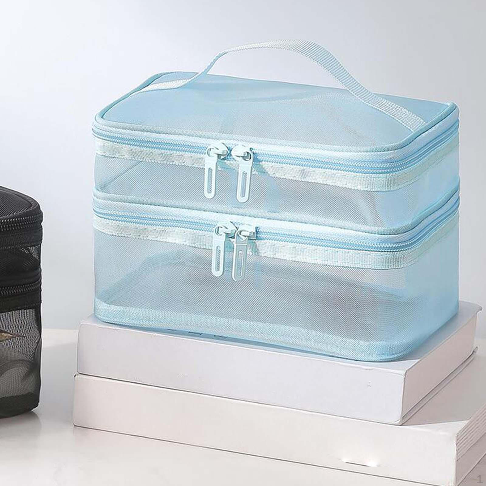 Double Layer Cosmetic Bag Toiletry Clear with Handle Multifunctional Foldable Travel Makeup