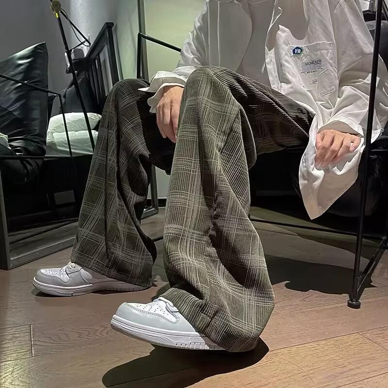 Spring Autumn Men's Checkered Casual Pants Loose Straight Corduroy Pants Sweatpants Man Streetwear Hip Hop Trousers