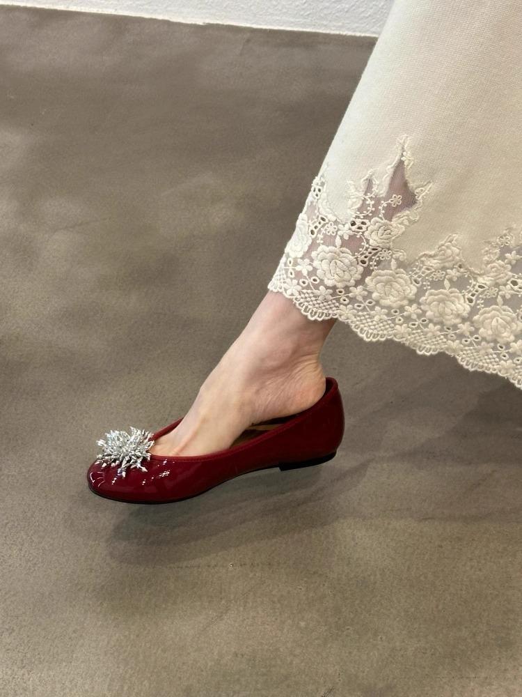 

Версия из овчины~ Высококачественные туфли-лодочки с фейерверком из стразов, женские, новинка 2025 года, под юбку, с круглым носком, на плоской подошве, балетки 35 красный