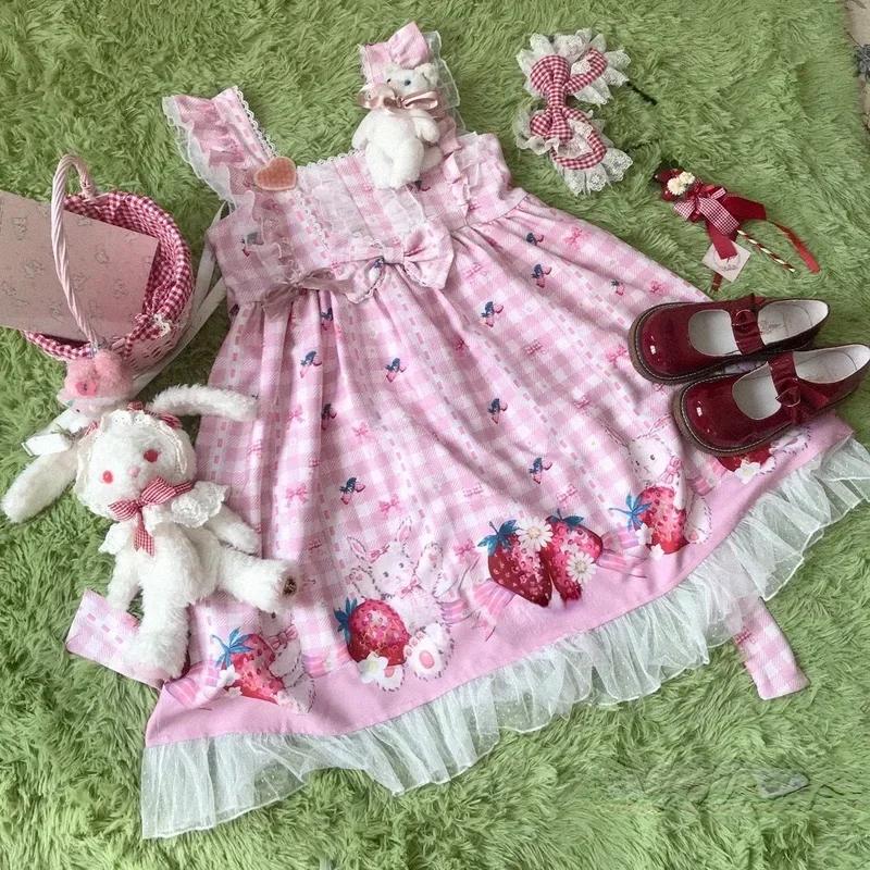

JIAERDI Harajuku Sleeveless Cute Sweet Cosplay Vestido Women Lovely Japanese Lolita Dress Girls Strawberry Bunny Jsk Dresses One Size розовый