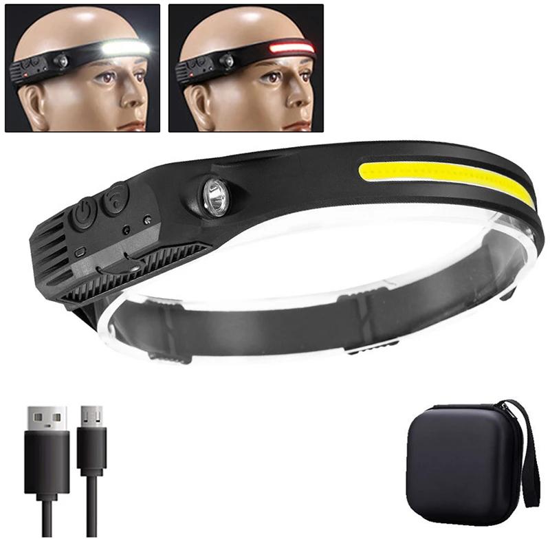 LED Sensor Headlamp Built-in Battery USB Rechargeable COB Head Flashlight Headlight LED Head Torch Camping Fishing Search Light