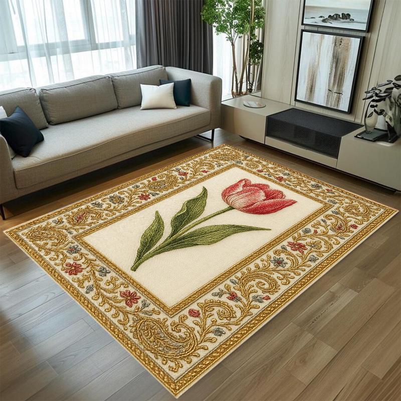 

Tulip Flower Pattern Carpet Mat Rug Home Decoration Red Tulip Green Leaf Dark Green Background Floor Decor Living Room 40x60cm