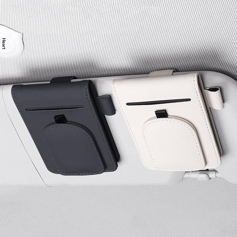 Car Sun Visor Organizer For Car Universal Eyeglasses Holder Card Storage Bag Pockets Clip Leather Interior Auto Accessories