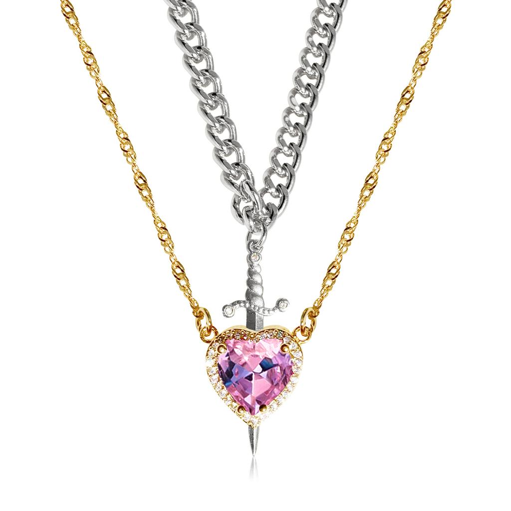 Gold Red Crystal Heart Dagger Pendant Layered Necklace Heart And Sword Necklace For Valentine's Day Couple