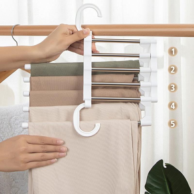 5 In 1 Folding Magic Pants Hangers Stainless Steel Space Saving Multi-layer Pants Rack Folding Wardrobe Storage Organization