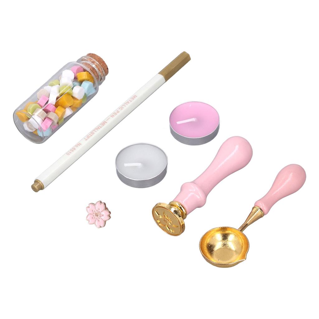 Sealing Stamp Kit Clear Pattern Macaron Color Wooden Handle Retro Wax Sealing Stamp with Sakura Brooch for Gifts