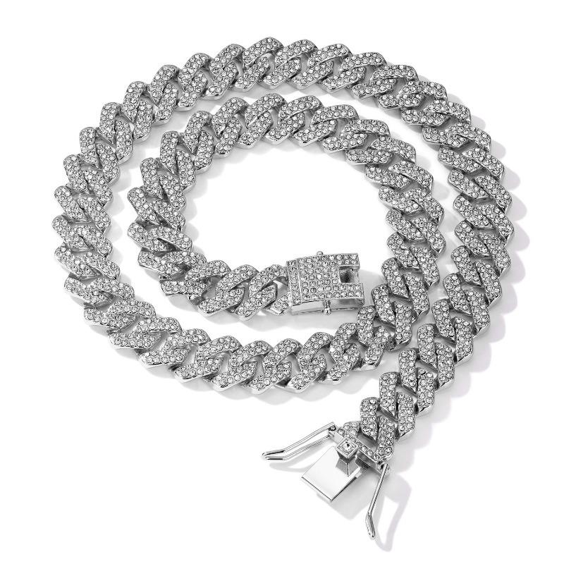 1PC European and American Popular 14mm Rhombus Cuban Chain Zinc Alloy Necklace Full of Diamonds Hip Hop Trendy Men's and Women's Fashion Quality