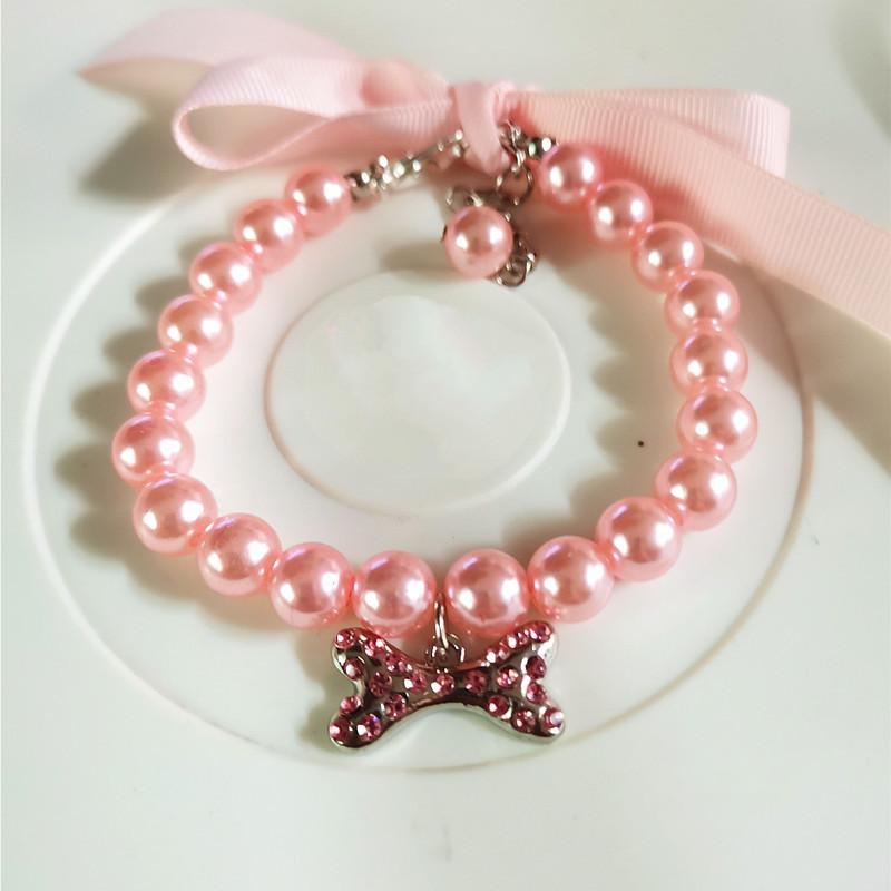 

Dog Cat Pearl Collar Necklace With Rhinestone Bone, Fancy Cat Wedding Collar Jewelry For Girl Cat Puppy Dogs Accessories S(20CM+5CM) розовый