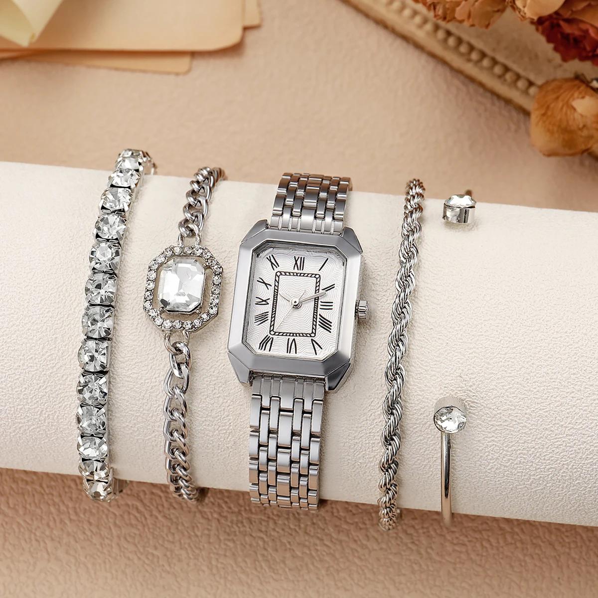 

Модные Простые Легкая Роскошь Римский Квадратный Циферблат Кварцевые Наручные Часы с Бриллиантовым Браслетом Набор из 5 штук, Подходит для Элегантных Женщин серебряный