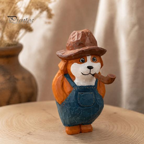 Western Cowboy Dog Figurine Style Pipe Puppy Figurine, Hand Carved Basswood Unique Painted Craft Gift Statue, Compact Ornament for Home Office Desktop