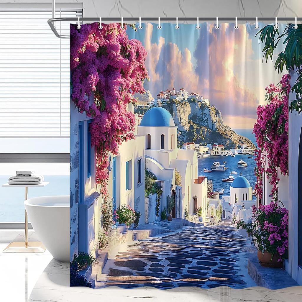 Greek Alley Shower Curtain Whitewashed Walls Terracotta Pots Flowers Polyester Machine Washable With 12 Hooks For Bathroom Decor