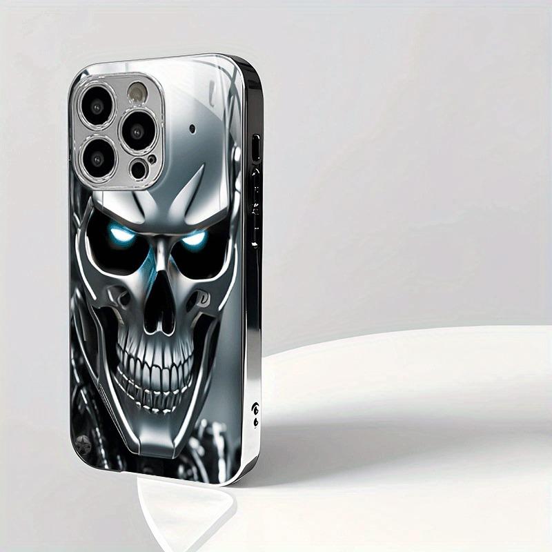Silver Skull Pattern Tempered Glass Electroplated Phone Case For iPhone 17 16 15 14 13 12 11 Pro Max 14 15 Plus 16E 17 Air Cover