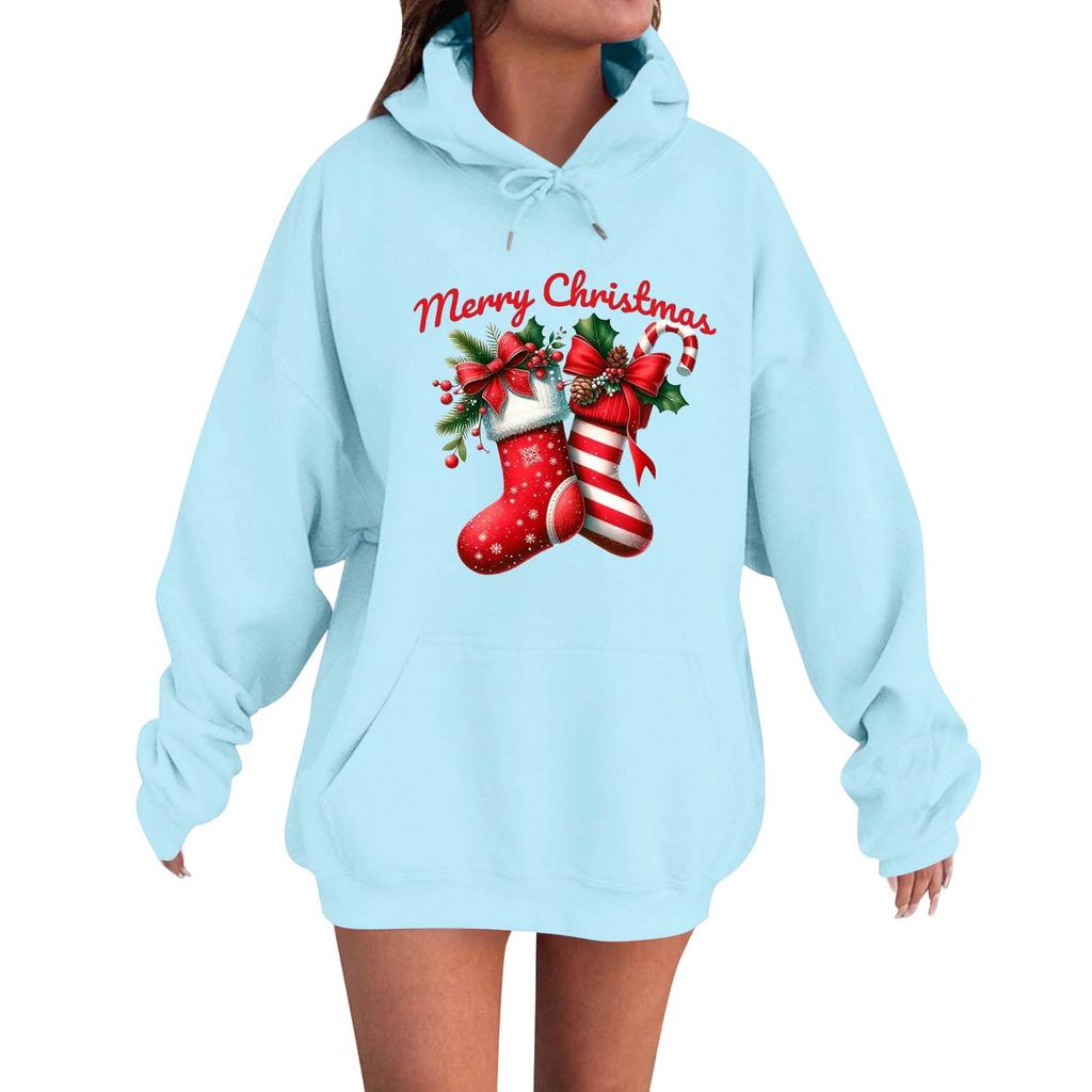 Women's Fashion Casual Long Sleeve Loose Christmas Print Hooded Sweatshirt