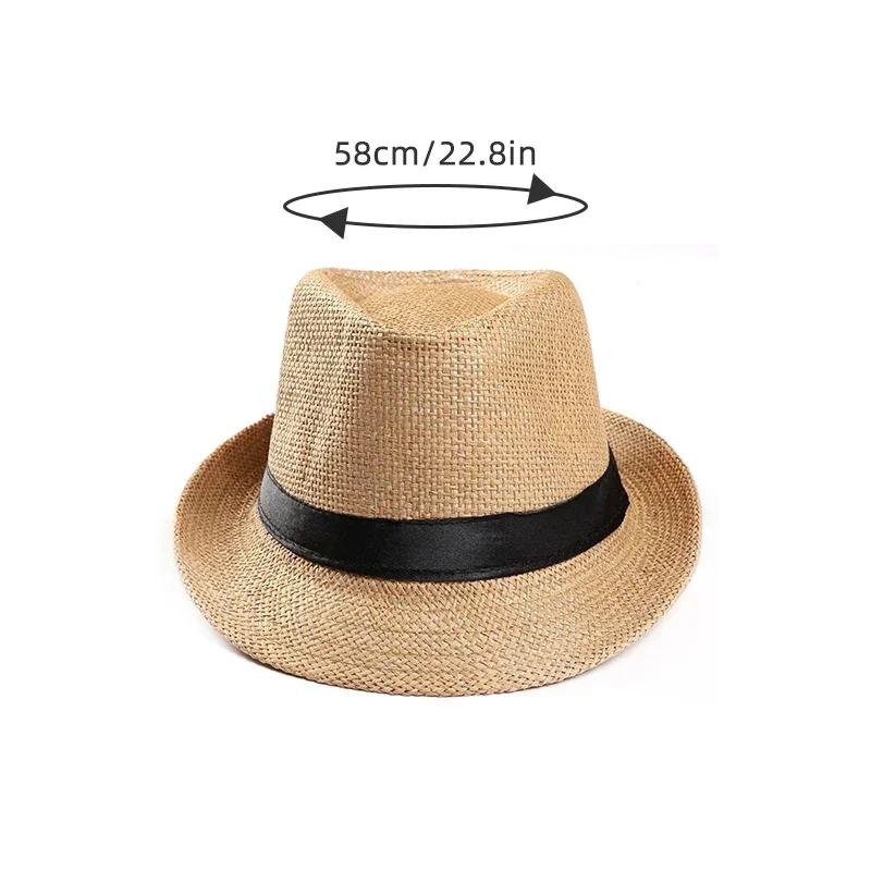Chapéu de palha masculino da moda para mulheres, chapéu de praia da moda para o verão, chapéu de sol, cor sólida, fedora, fita casual, boné de cowboy, jazz, boné de gangster masculino