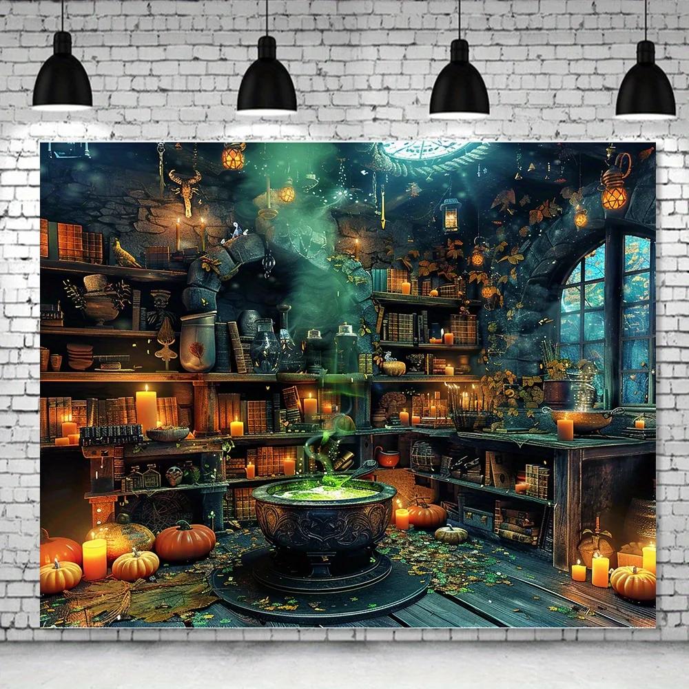 Halloween Horror Hintergrund - Hexen und Magischer Kessel Bücherregal Szene, Partyzubehör