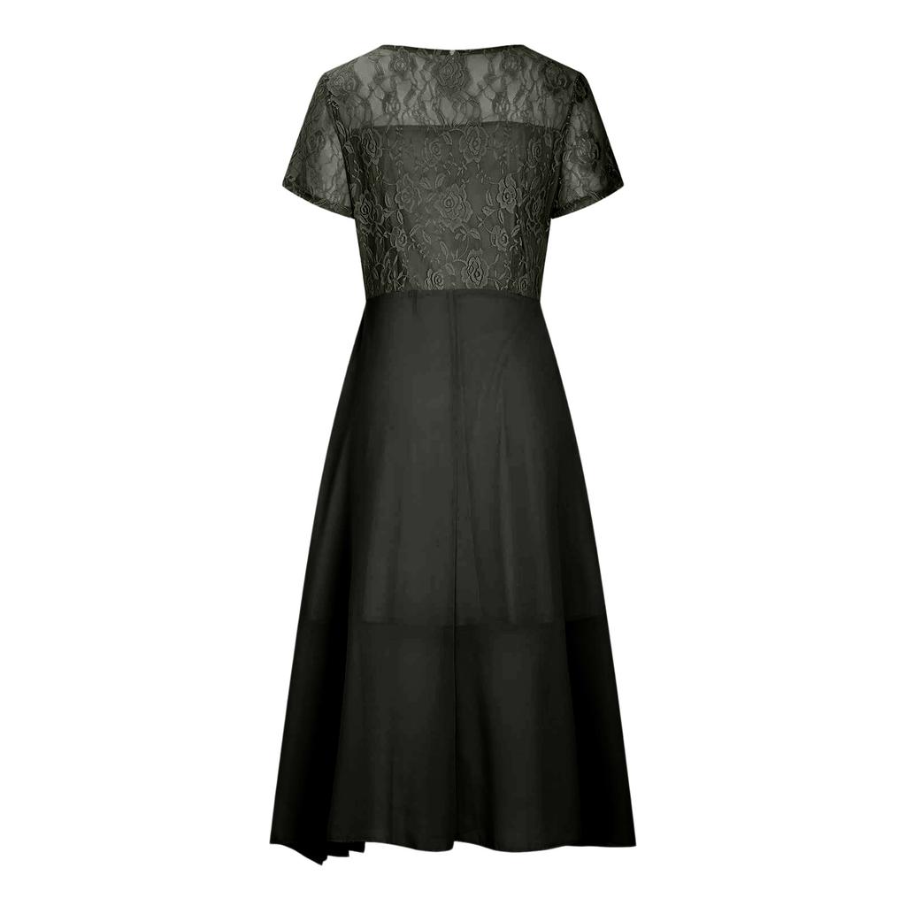 Women Chiffon Lace Patchwork Short Sleeve Maxi Dress Elegant Bridesmaid Evening Gown Flowy A Line Long Skirt for Formal Events