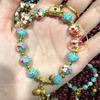 Lake Blue Cloisonné Lucky Bead Bracelet - Two Lives One Joy, Ash Glazed Gold Foil, Blooming Flowers Series