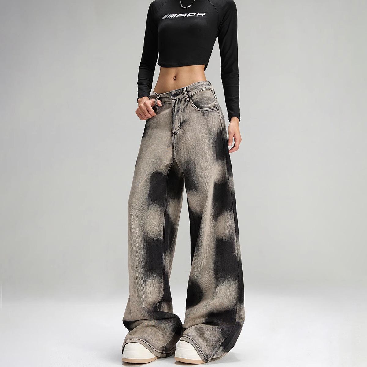 

Plus Size High Street Retro Gradient Tie-Dye Wide Leg Jeans for Women. Large черный серый