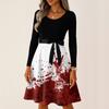 Women's Casual Vintage Halloween Dress Long Sleeve Round Neck Ghost Print Retro Style Midi Dress with Waist Tie for Daily Wear