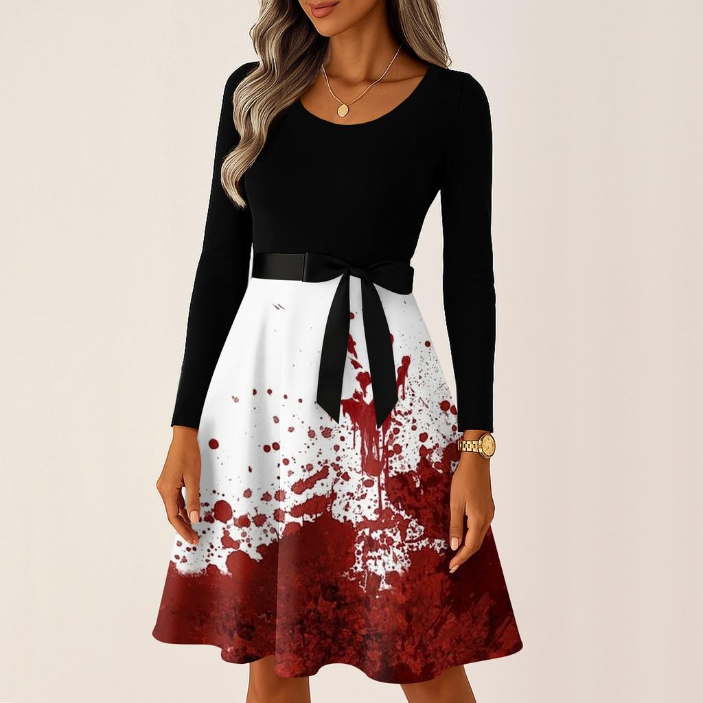 Women's Casual Vintage Halloween Dress Long Sleeve Round Neck Ghost Print Retro Style Midi Dress with Waist Tie for Daily Wear