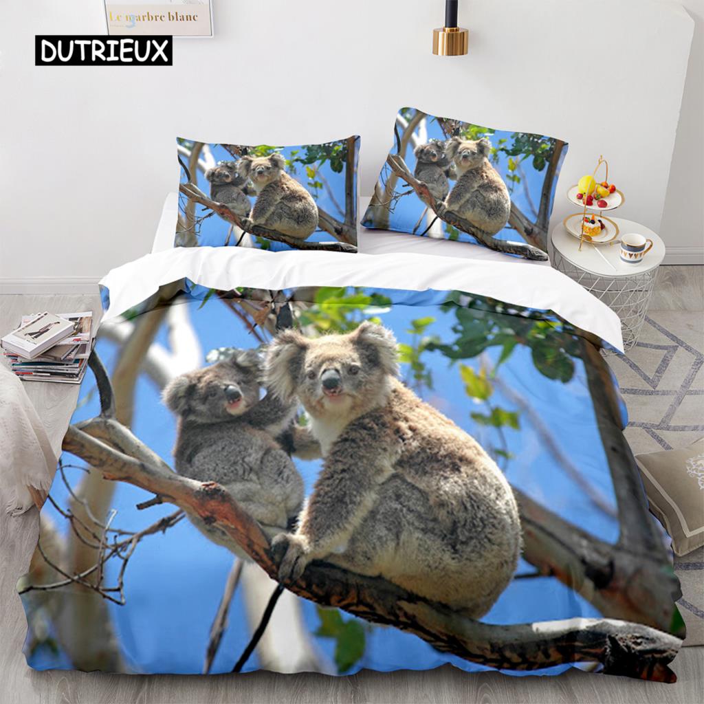 Koala Duvet Cover Set Microfiber Australia Animal Comforter Cover Queen for Kids Boy Girl Funny Lovely Koala On Tree Bedding Set