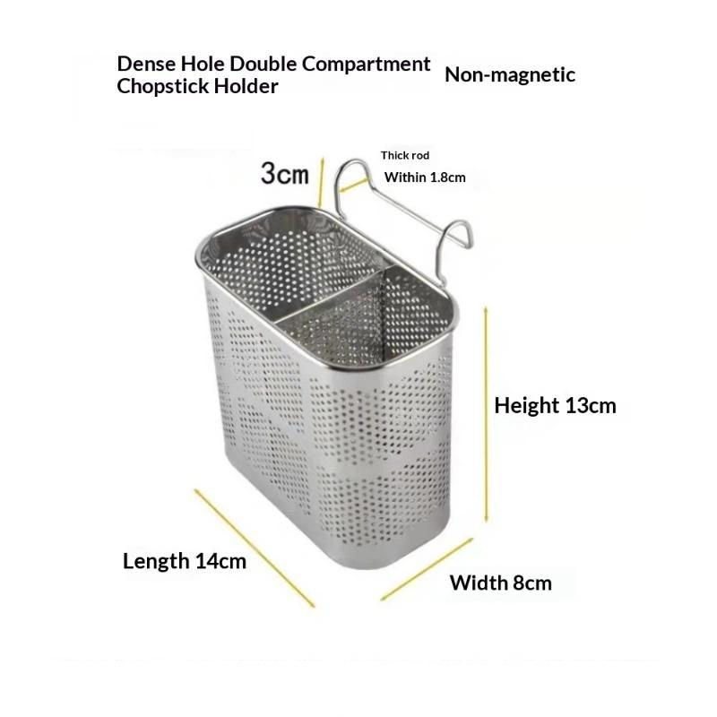 Stainless Steel 2-Compartment Chopstick Holder With Perforated Drain, Thickened Edges For Kitchen Utensil Storage