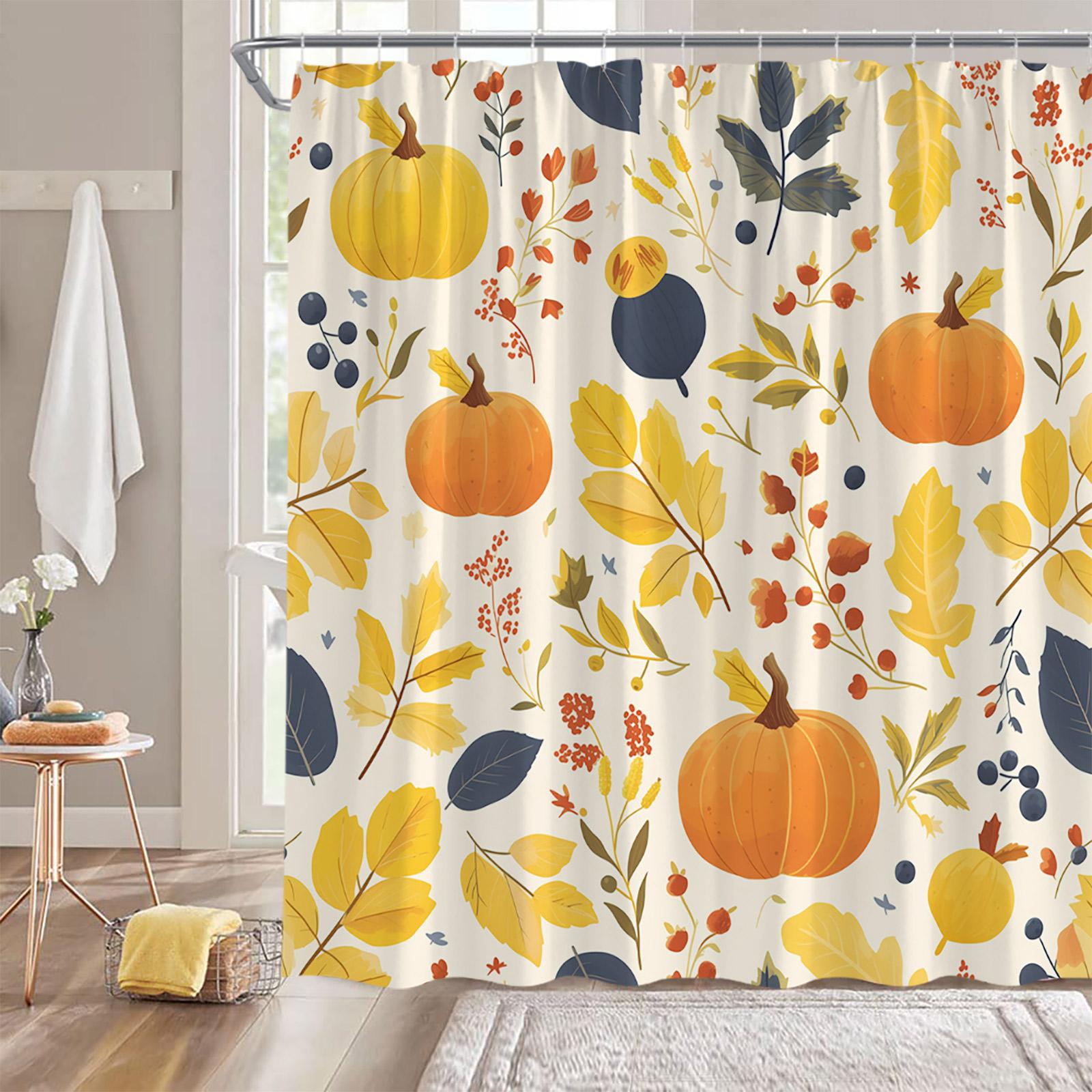 

Autumn Pumpkin Cartoon Print Shower Curtain Harvest Season Maple Falling Leaf Fall Scenery Bathroom Decor Nature Bath Curtain 90x180cm-35x70in
