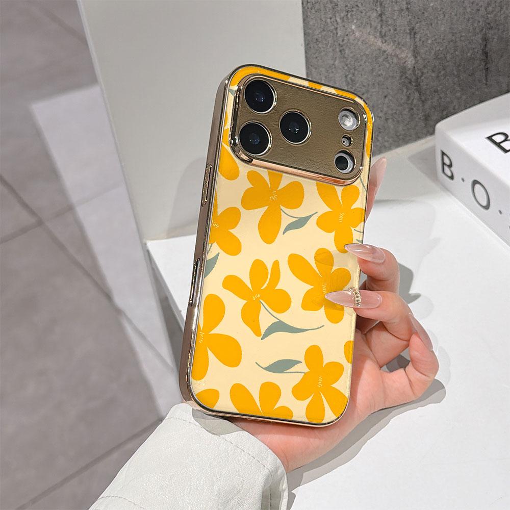 Lucky Start Phone Case For iPhone 17 16 15 14 13 12 11 Pro Max 16E Gold Electroplated Glass Shell Sunny Blossoms Cover