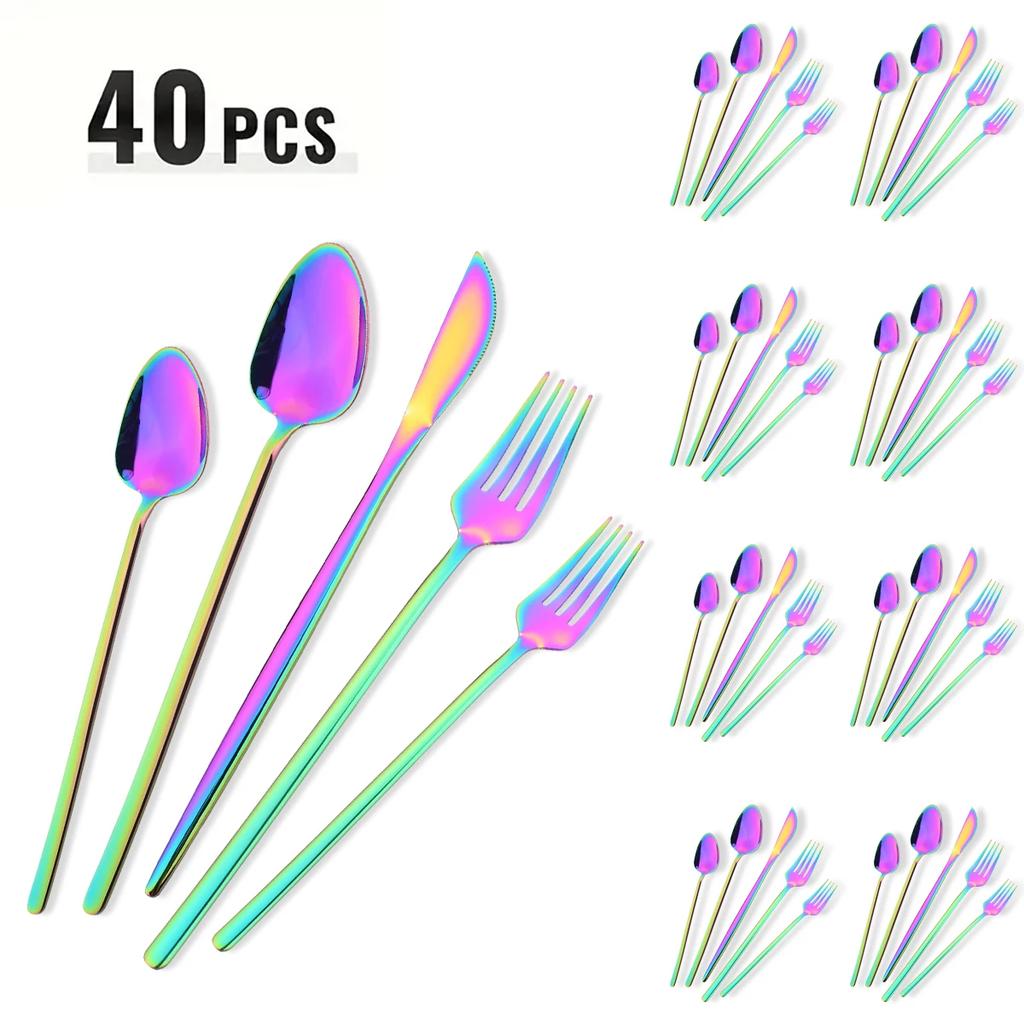 40pcs Rose Gold Dinnerware Set Mirror Fork Knife Spoon Tableware Western Stainless Steel Cutlery Set Dessert Fork Spoon Flatware