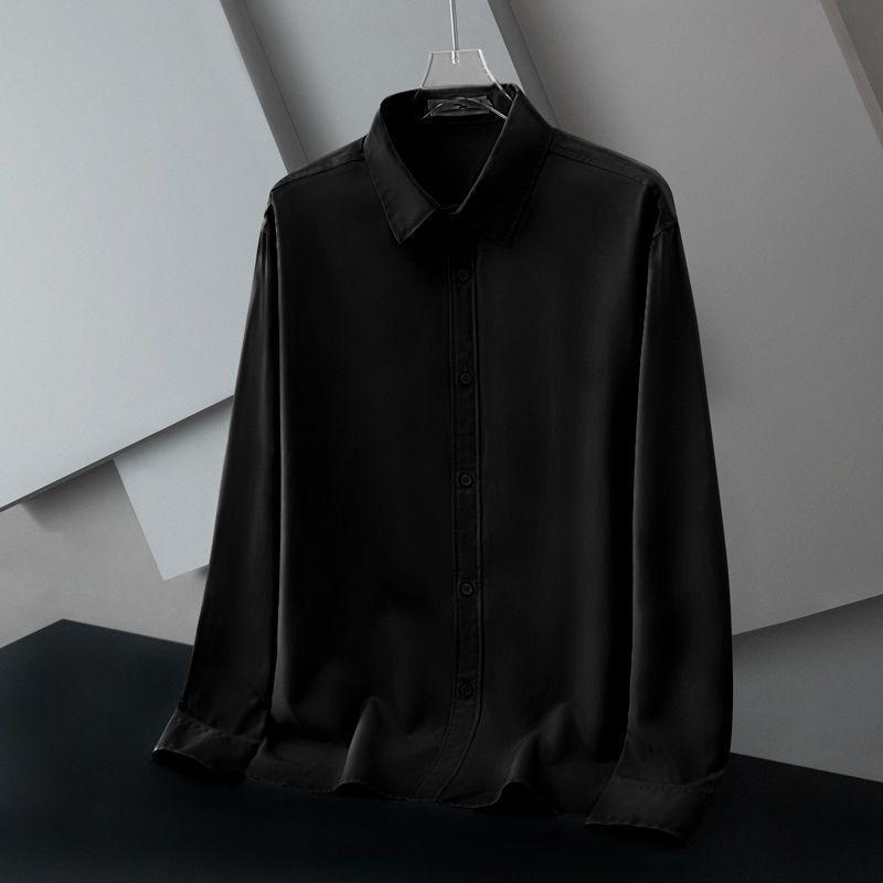 Spring and Autumn Business and Leisure Minimalist Flip Collar Silk Smooth Non Ironing Breathable Elastic Shirt for Men
