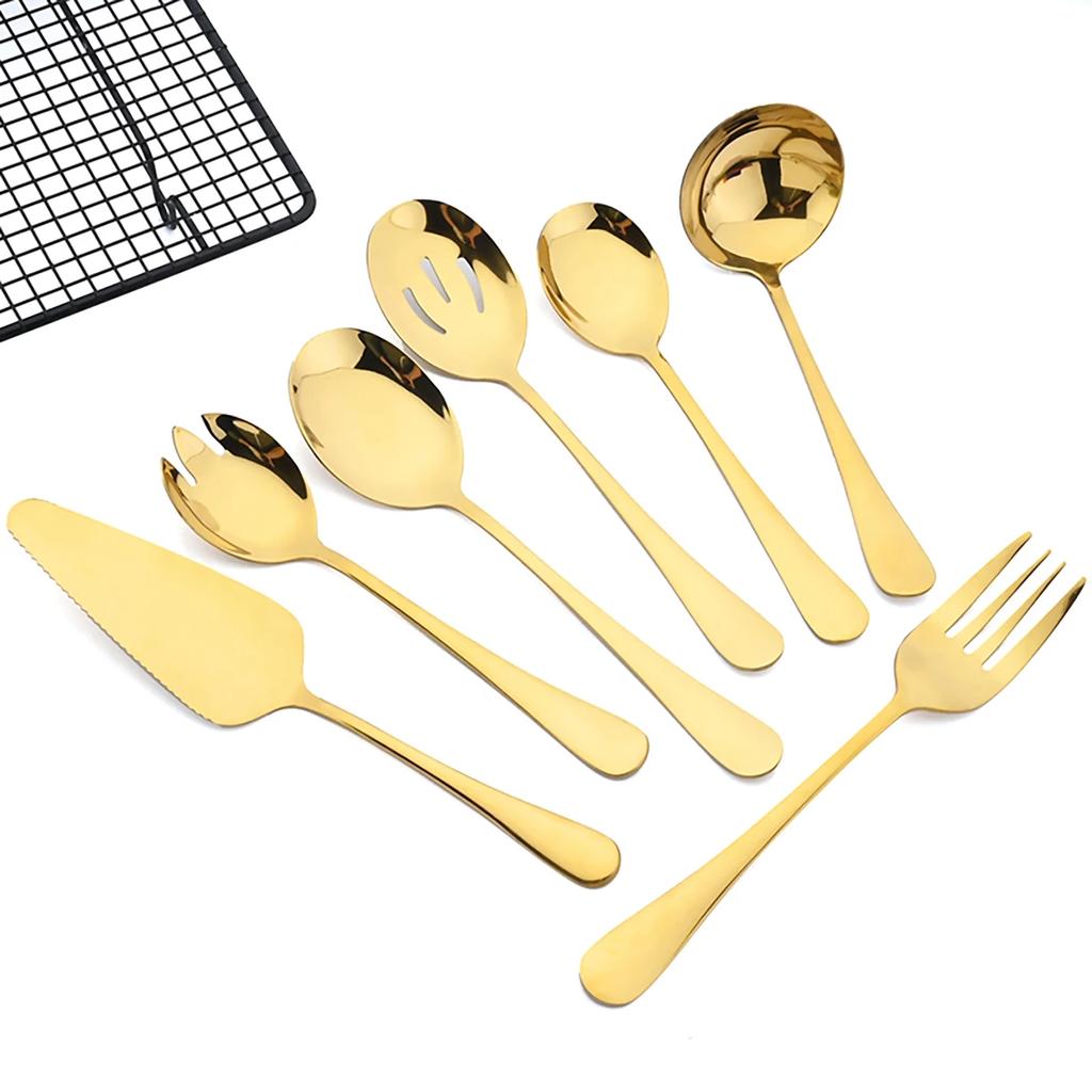 7Pcs Dinnerware Cutlery Set Stainless Steel Portable Kitchen Cake Shovel Service Fork Spoon Colander Spoon Salad Fork Tableware